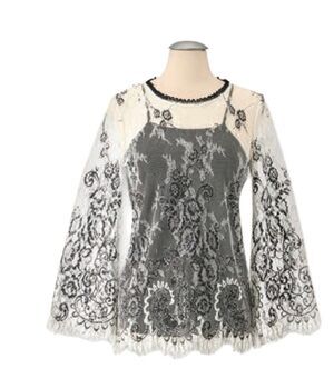 The Pyramid Collection Scalloped Hem Lace Top & Camisole Set Black White boho 3X